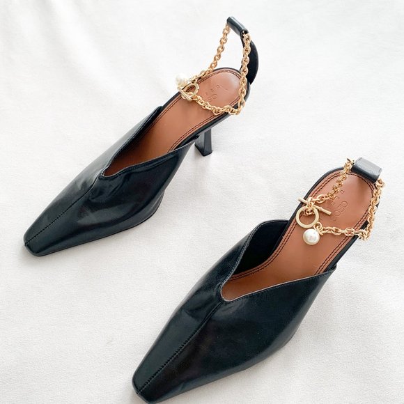 ASOS DESIGN “Seren” Ankle Chain Black Mid Pump Heels - Picture 7 of 9